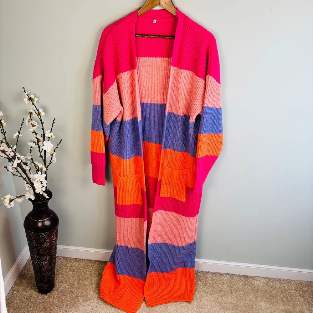 Colorblock Sweater Knit Maxi Cardigan Size XL